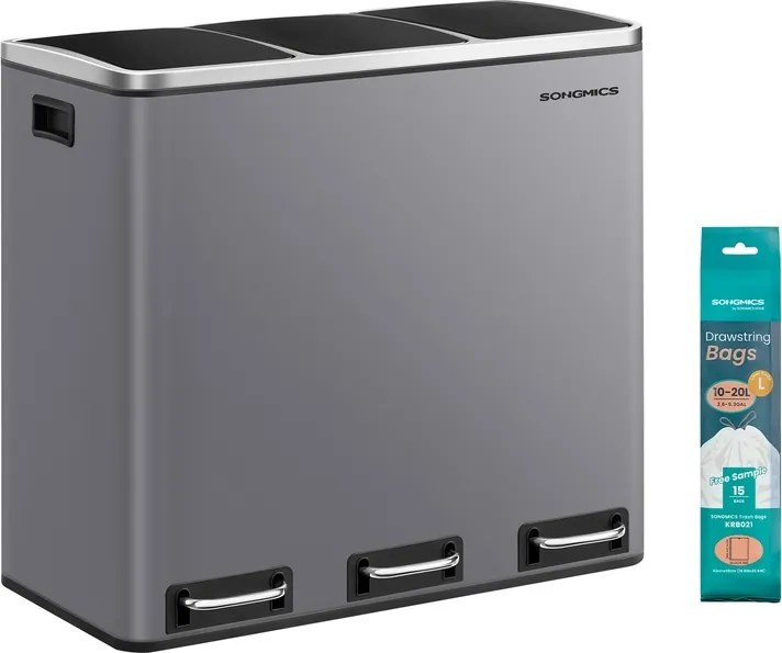 Caixote Lixo com Sistema de separação de lixo 3 x 18 litros com pedal e 3 baldes internos cinza fosco