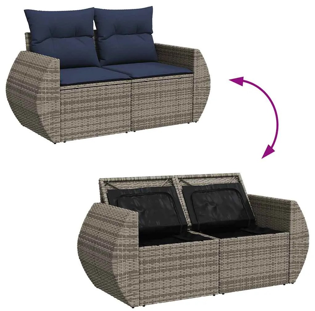 7 pcs conjunto sofás p/ jardim c/ almofadões vime PE cinzento