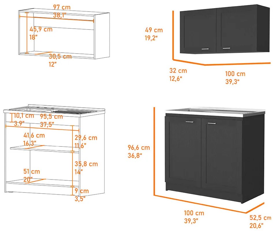 Conjunto de armários de cozinha com móvel para máquina de lavar loiça e armário sobre exaustor Zurich, preto