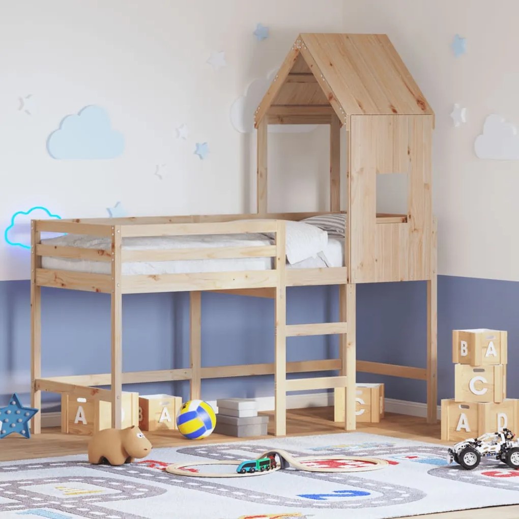 Cama alta c/ escada e telhado 80x200 cm pinho maciço