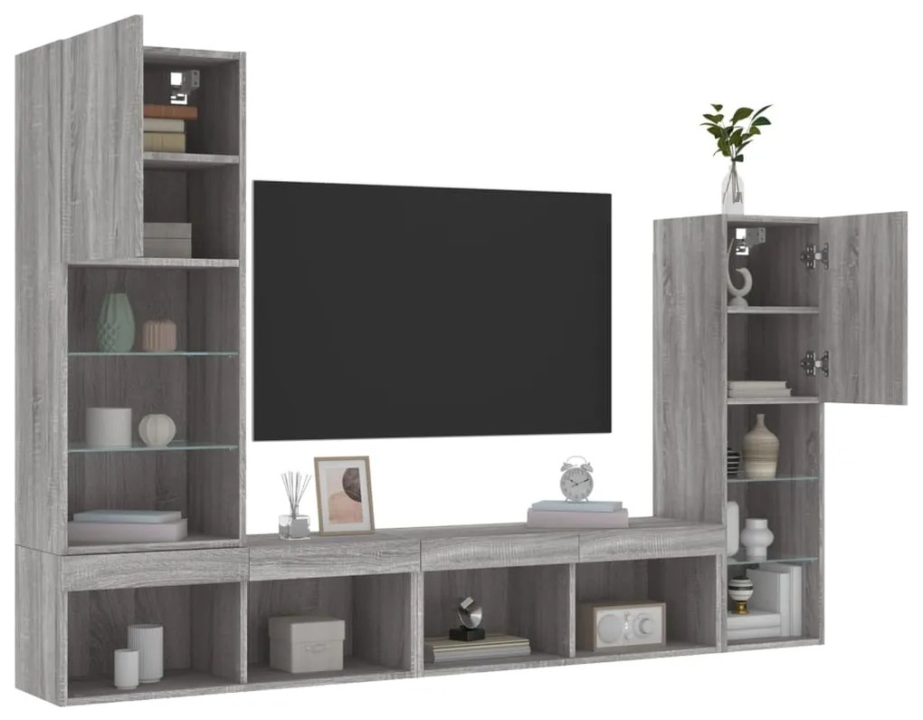 vidaXL 4 pcs móveis parede p/ TV c/ LEDs deriv. madeira cinza sonoma