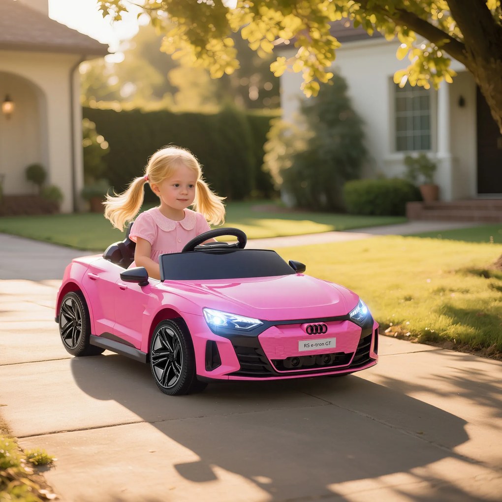 Carro elétrico infantil crianças 3 a 6 anos de 12 V, Audi RS E-tron GT comando à distância para os pais efeitos sonoros e luminosos rosa