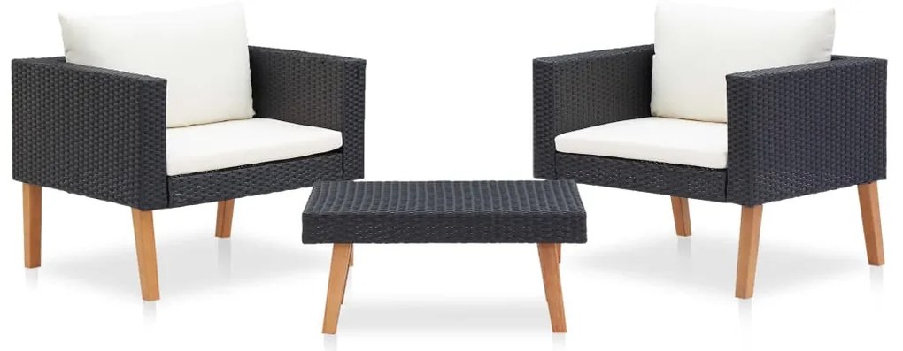 3 pcs conjunto lounge para jardim c/ almofadões vime PE preto