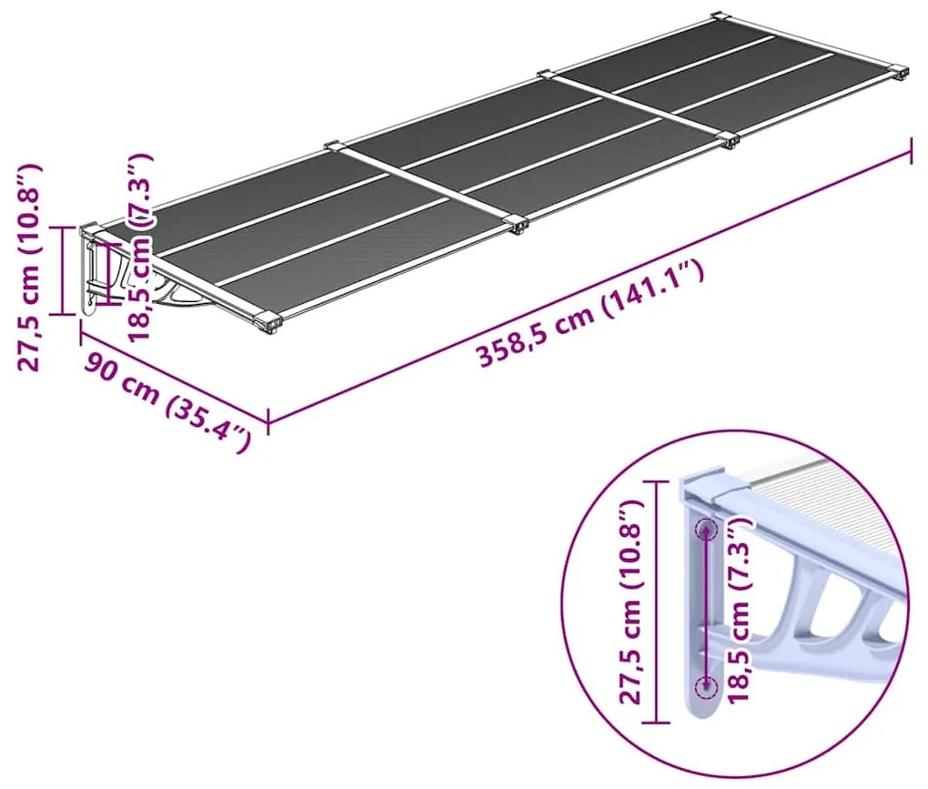 Toldo para porta 358,5x90cm policarbonato cinzento/transparente