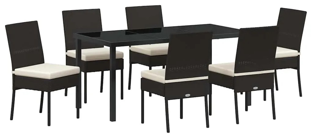 Conjunto de jantar de jardim com 7 peças em polirattan preto.