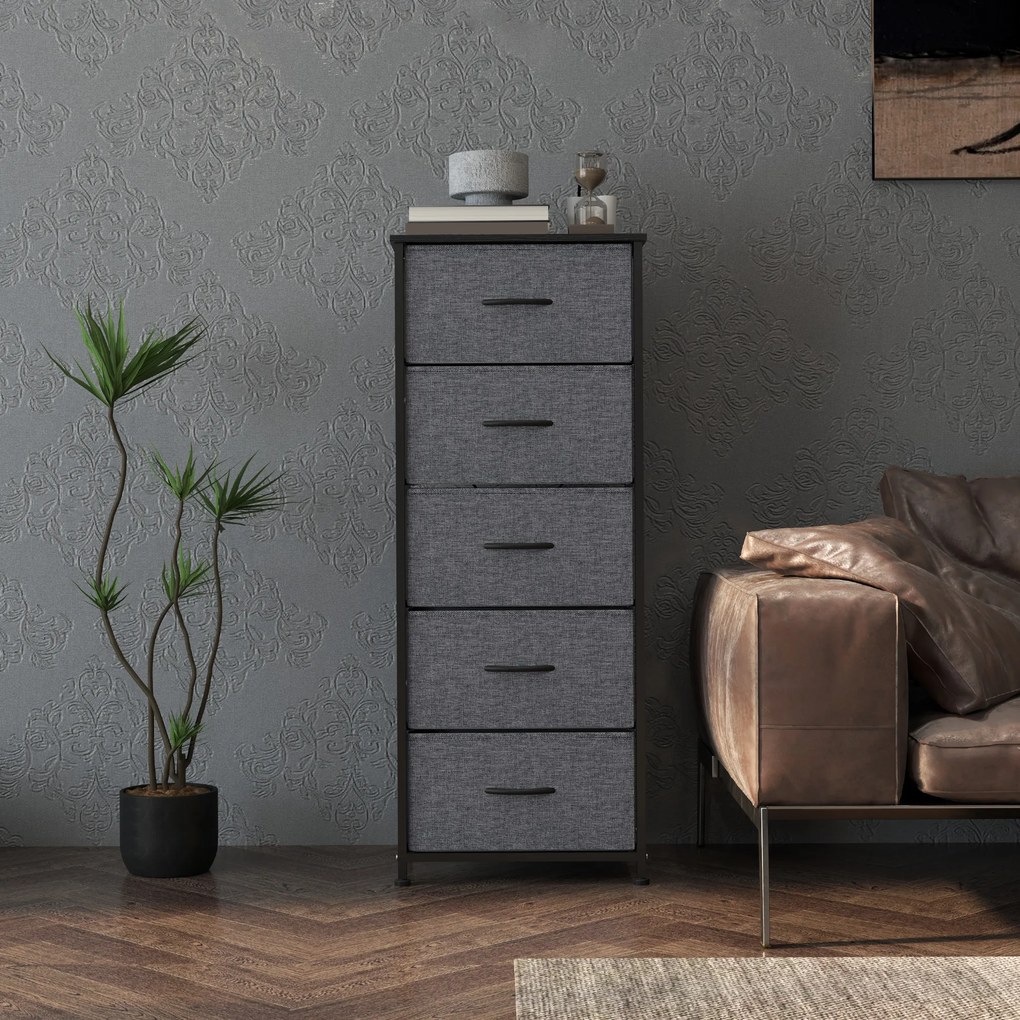 Cómoda com 5 gavetas 45 x 30 x 116 cm, móvel de arrumação com gavetas em tecido dobrável – estrutura em aço preto cinzento escuro