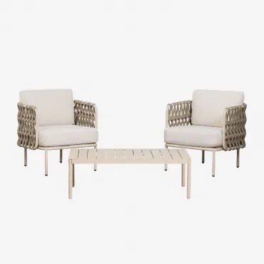 Conjunto De Jardim Com 2 Poltronas Em Corda Trançada Tevary E Mesa De Centro Em Alumínio Boleni Tela Bege Tapioca - Sklum