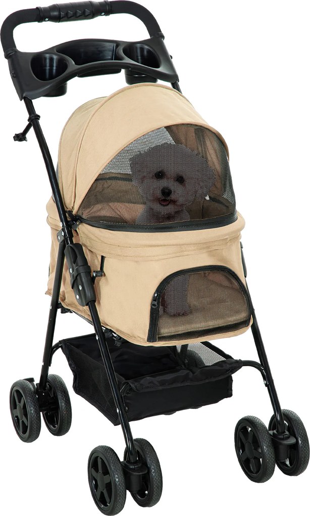 PawHut Carrinho para cães, dobrável, 2 cintos de segurança, 2 suportes para copo,  67 x 45 x 96 cm, Caqui | Aosom Portugal