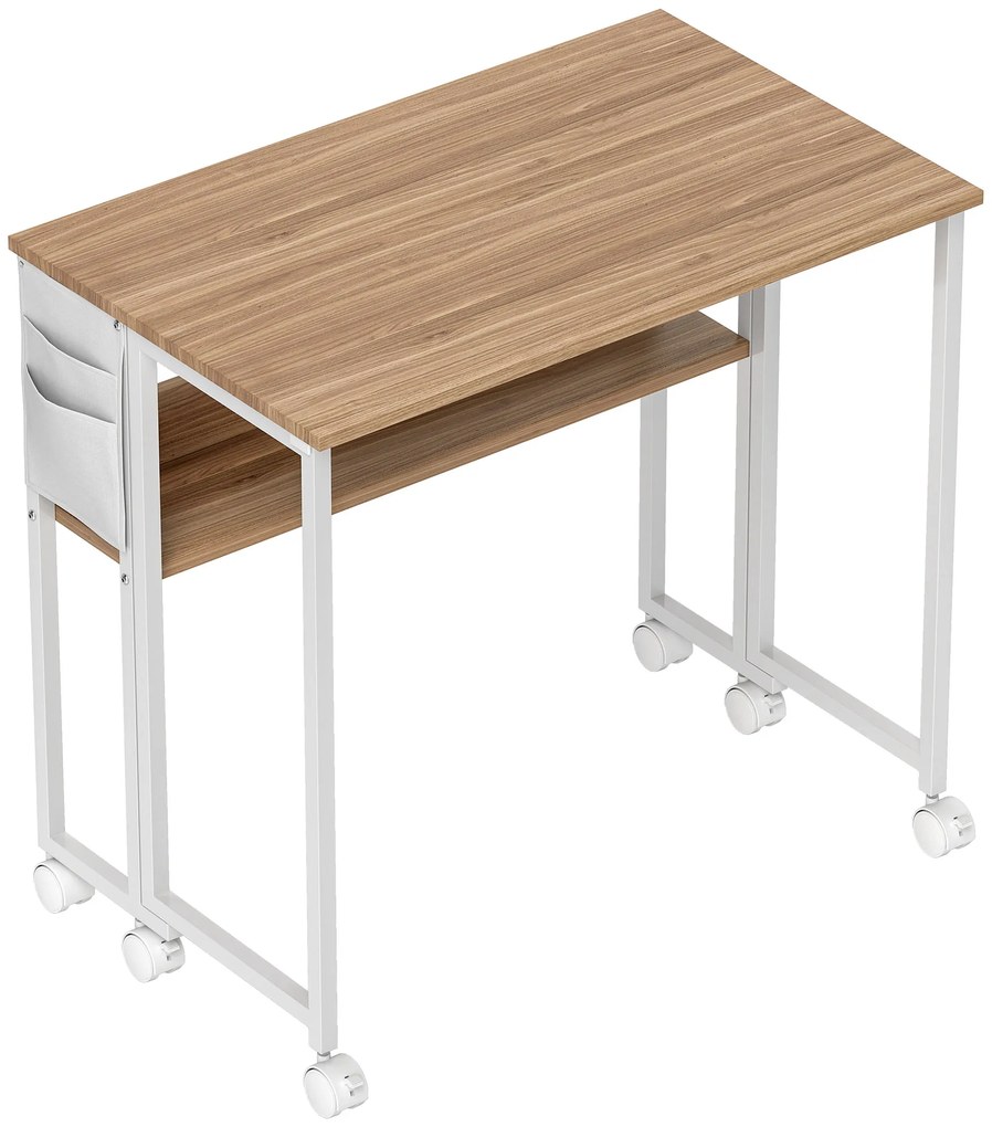 Secretária Dobrável com Rodas e Prateleira Mesa Secretária Compacta com Bolsa de Armazenamento 80x50x75 cm Madeira e Branco