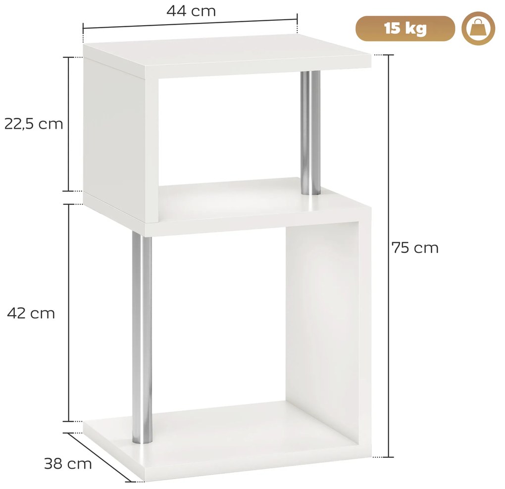 Mesa Auxiliar com Luz LED 3 Níveis Forma de S Prateleiras Abertas e Estrutura em Alumínio 44x38x75 cm Branco
