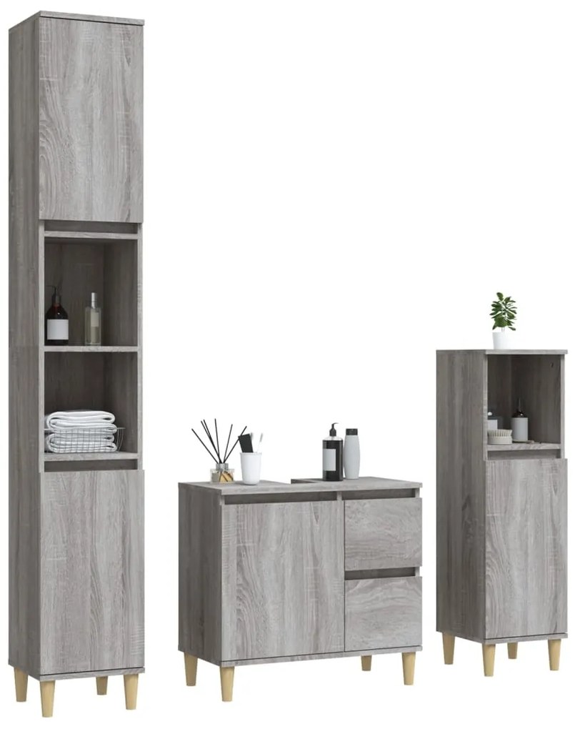 3 pcs conjunto móveis WC derivados de madeira cinzento sonoma