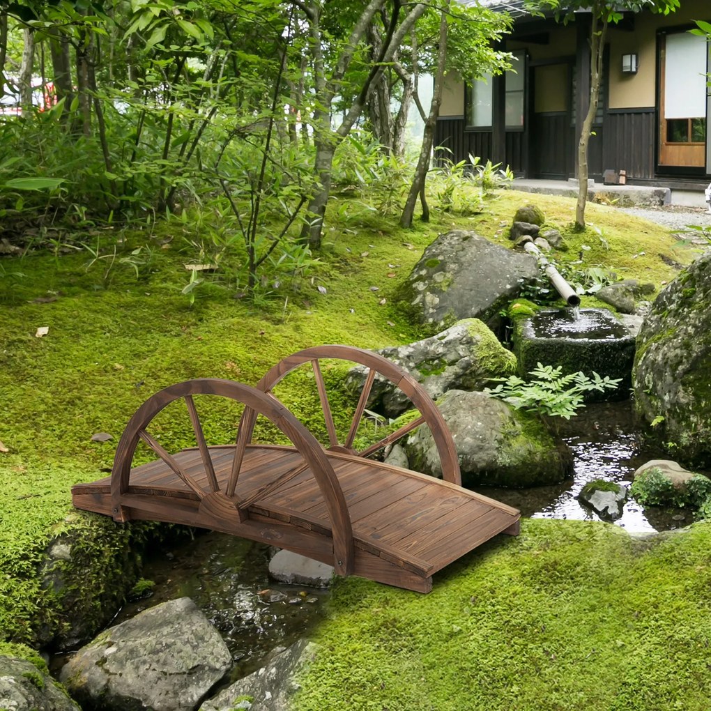 Ponte de Madeira para Jardim Ponte Decorativa com  Corrimão em Forma de Meia Roda 100x50x37 cm Castanha