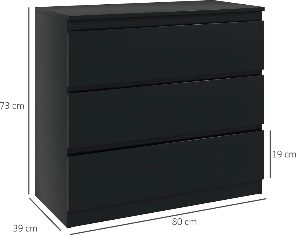 Cómoda com 3 gavetas 80 L x 39 P x 73 A cm, móvel de arrumação de linhas simples para o quarto, interior, preto