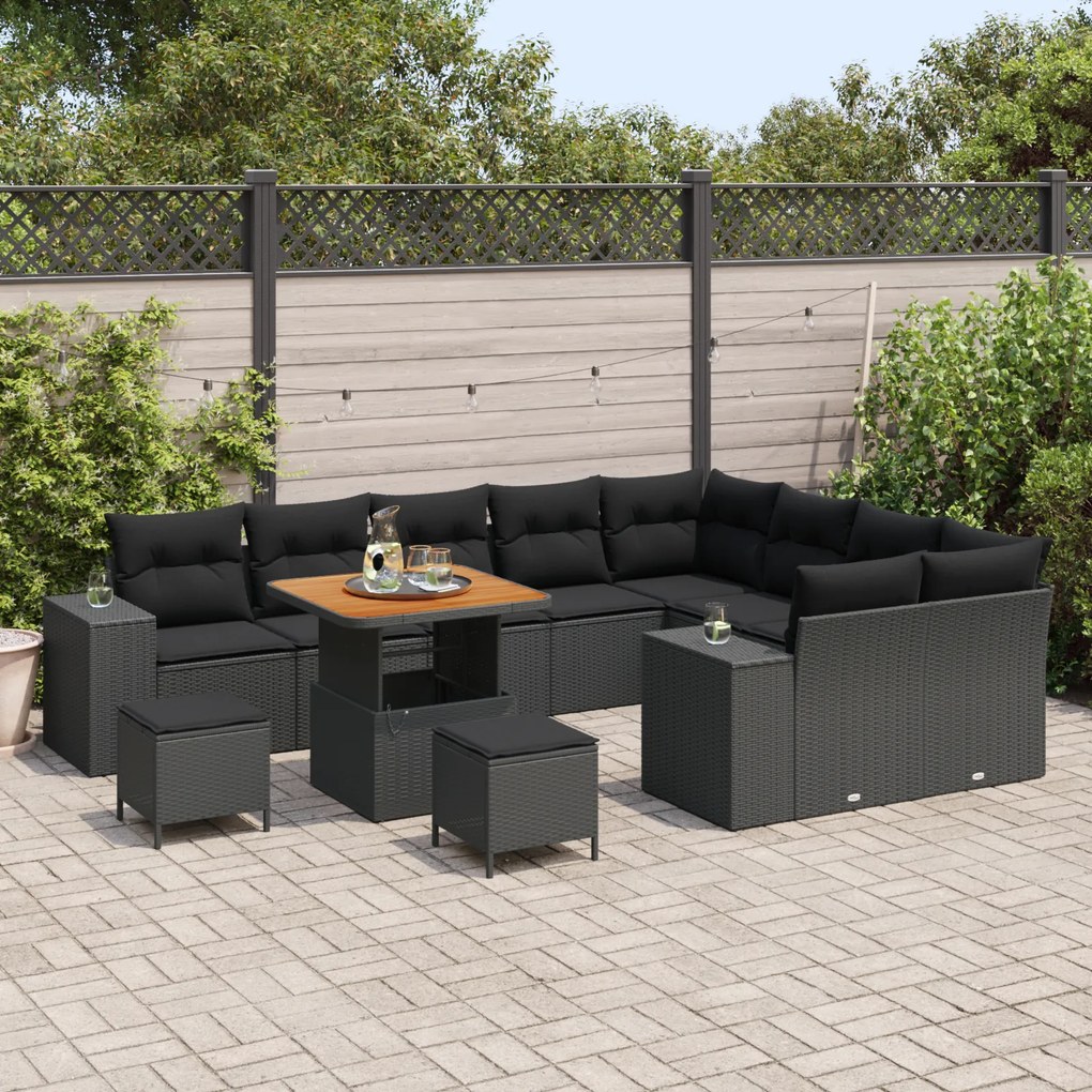 Conjunto de Sofá de Jardim vidaXL de 12 Peças com Almofadas Preto Vime