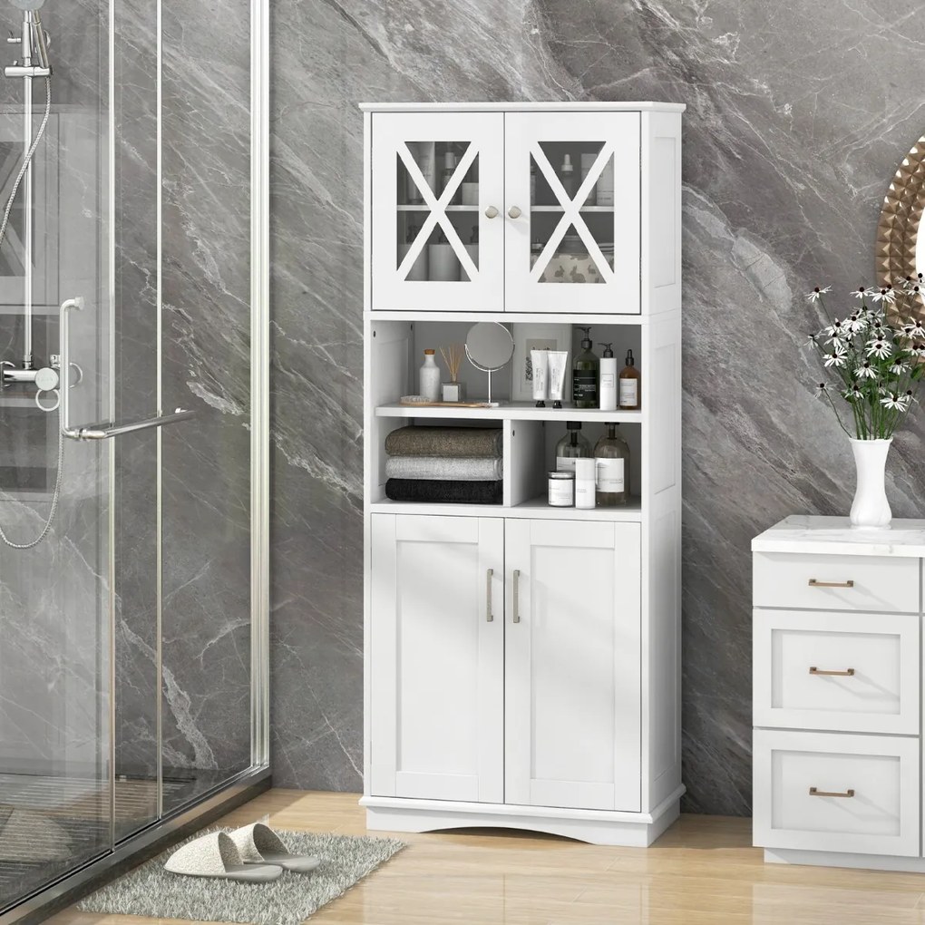Armário multifuncional de casa de banho ou cozinha 60 x 30 x 145 cm com portas e 3 cubos e com estantes ajustáveis Branco