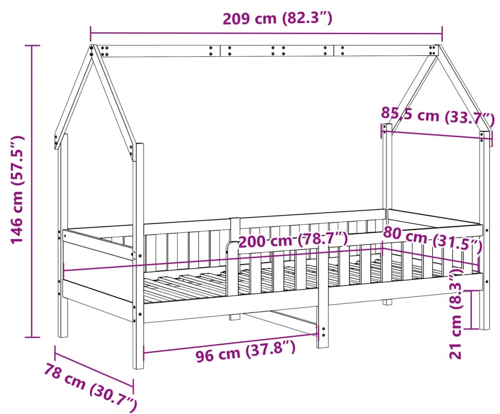 Cama infantil formato casa 80x200 cm madeira de pinho maciça