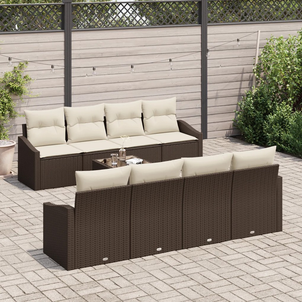 Conjunto de Sofá de Jardim de 7 Peças com Almofadas Marrom Rattan Poli