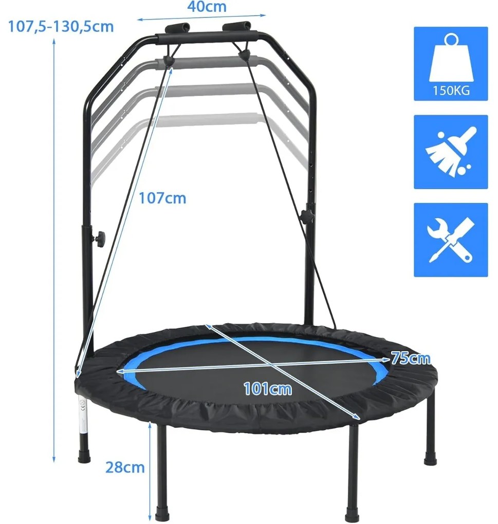Trampolim Fitness Dobrável 150 KG com Barras de Apoio Ajustáveis e Capa de Segurança Acolchoada para Adultos e Crianças preto e azul