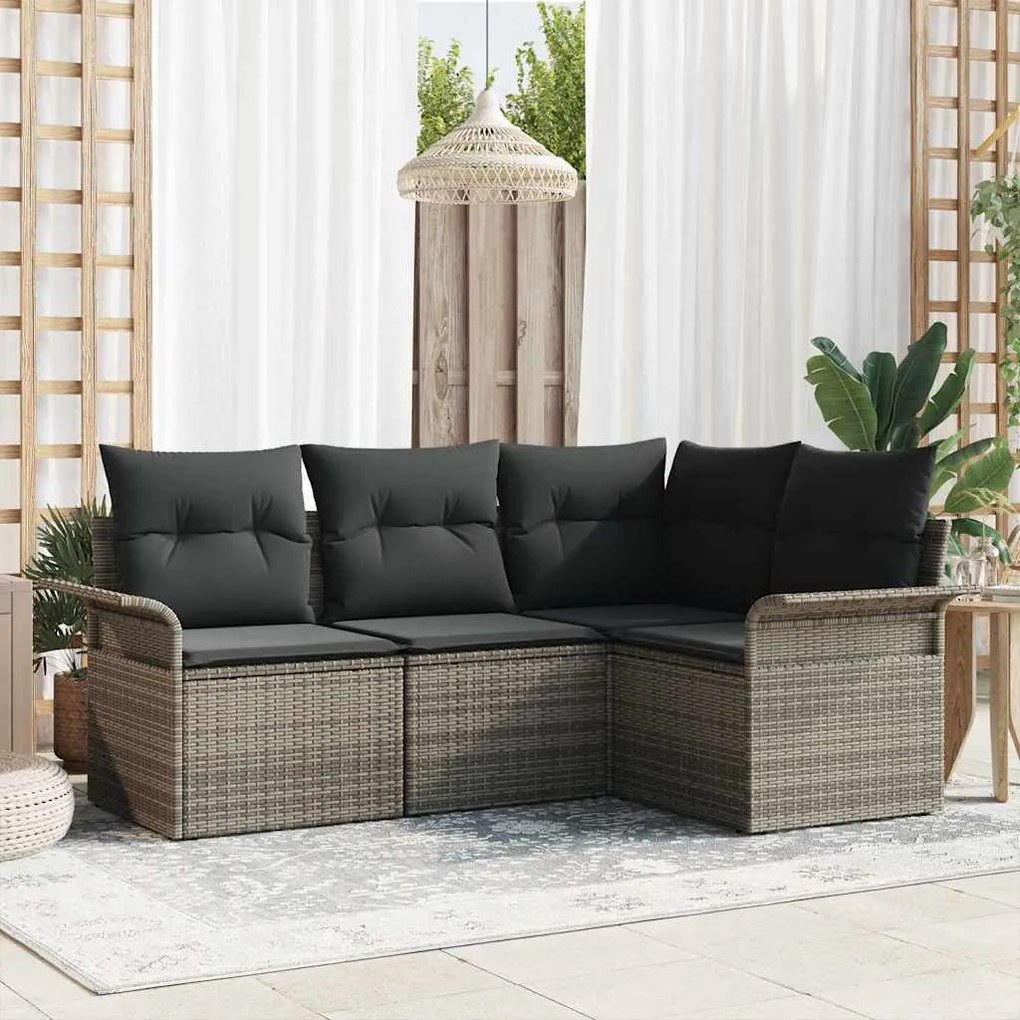 vidaXL Conjunto de Sofá de Jardim 4 Peças com Almofadas Cinza em Rattan e Poliéster