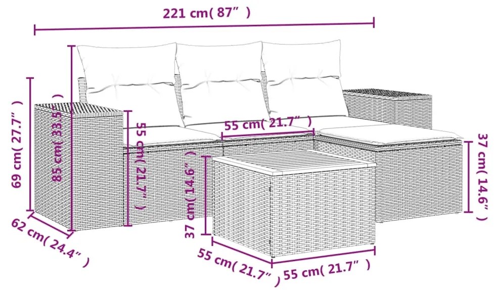 5 pcs conjunto sofás de jardim c/ almofadões vime PE cinzento