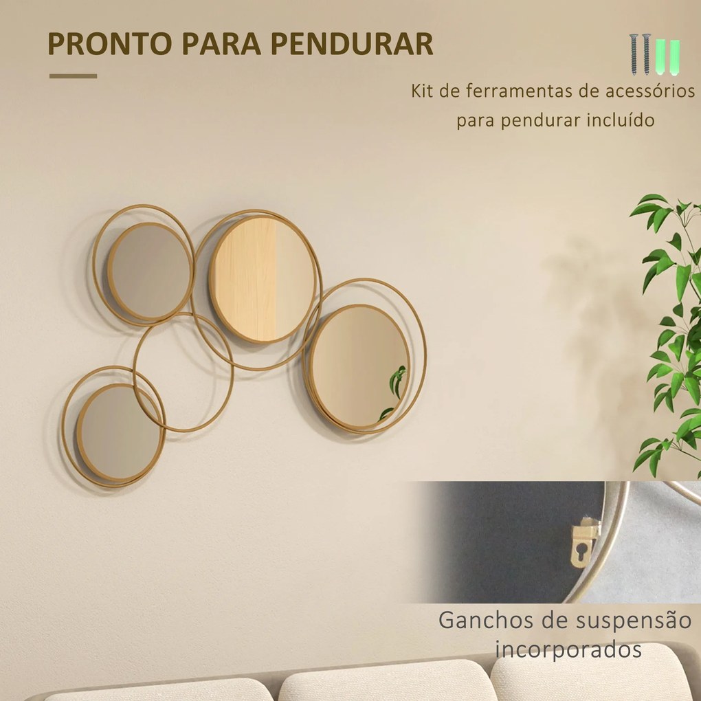 Espelho Decorativo de Parede em Metal 3D Decoração de Parede Metálica com 4 Espelhos Redondos para Corredor 110x68 cm Dourado