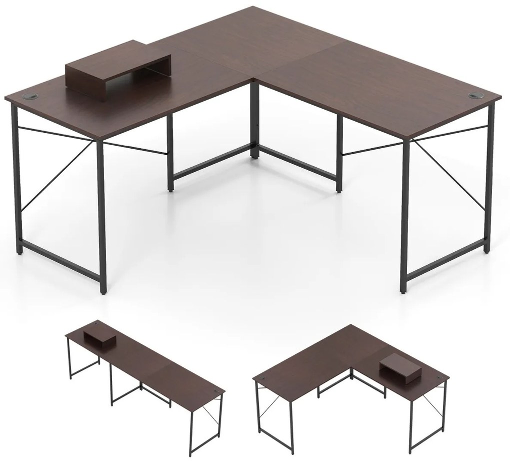 Secretária em forma de L 150 cm reversível com suporte para monitor removível e gestão de cabos para escritório em casa Castanho