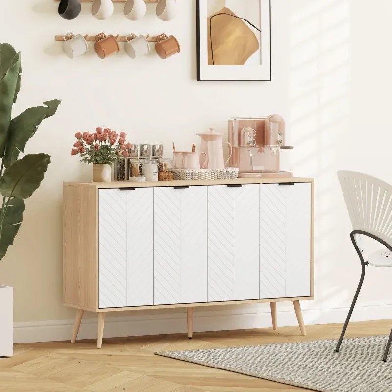 Aparador com 2 armários de 4 portas, padrão em espinha, prateleiras ajustáveis, 120 x 35 x 77,4 cm, branco