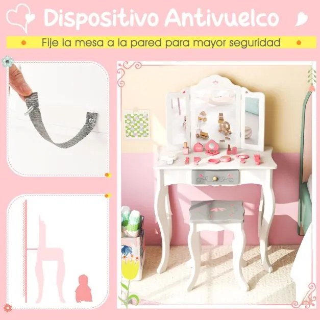 Conjunto de Toucador para Crianças 2 em 1 Mesa de Maquilhagem com Banco e Espelho Triplo Extraível para Rapazes Raparigas 3+ Anos 60 x 33 x 98,5 cm Br