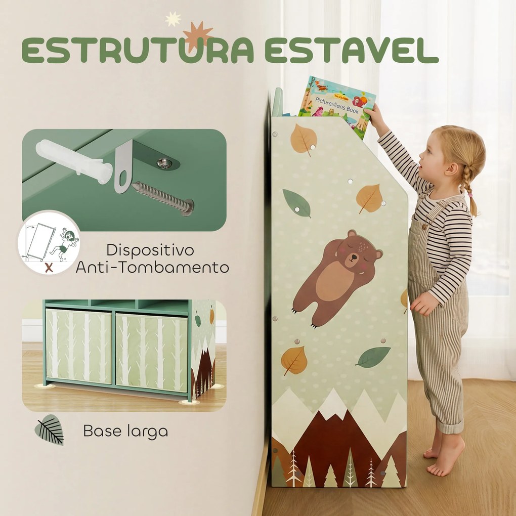 Estante Infantil para Brinquedos com Gavetas de Tecido Prateleiras Abertas Design de Ursinhos Organizador de Brinquedos Verde
