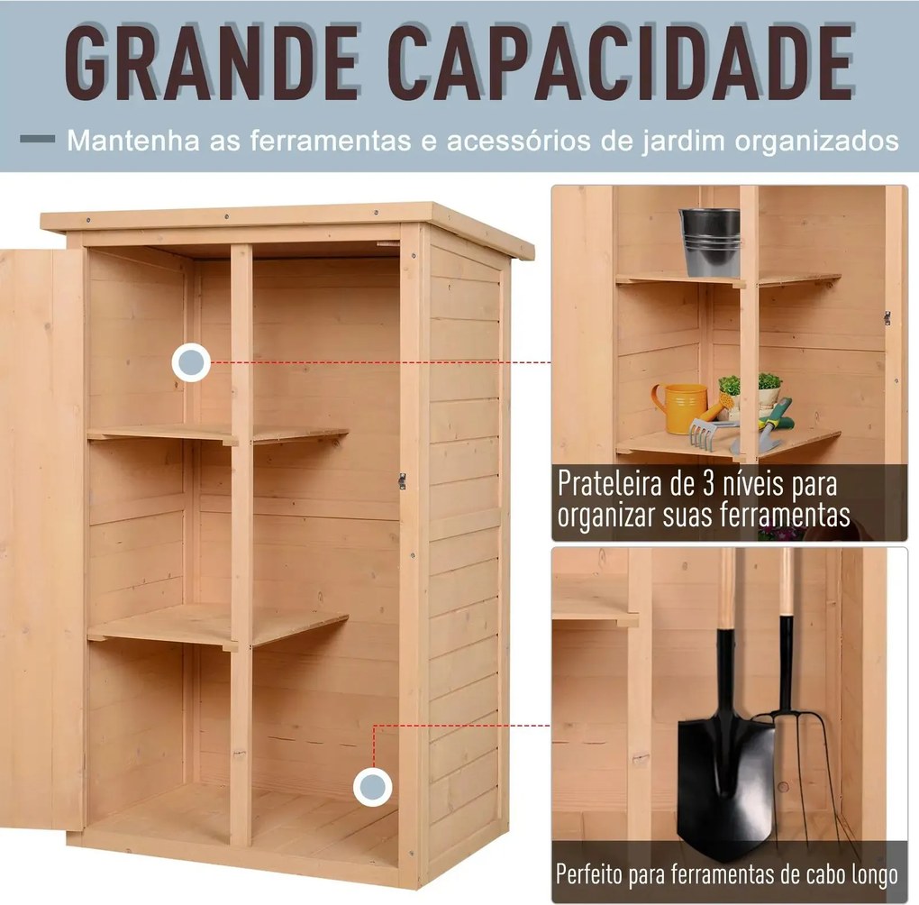 Armário de Jardim de Madeira para Ferramentas com 3 Prateleiras Interiores Porta com Trava e Teto Asfáltico 75x56x115cm Madeira