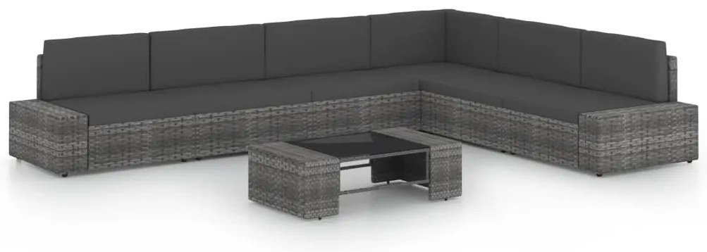 7 pcs conjunto lounge de jardim c/ almofadões vime PE cinzento