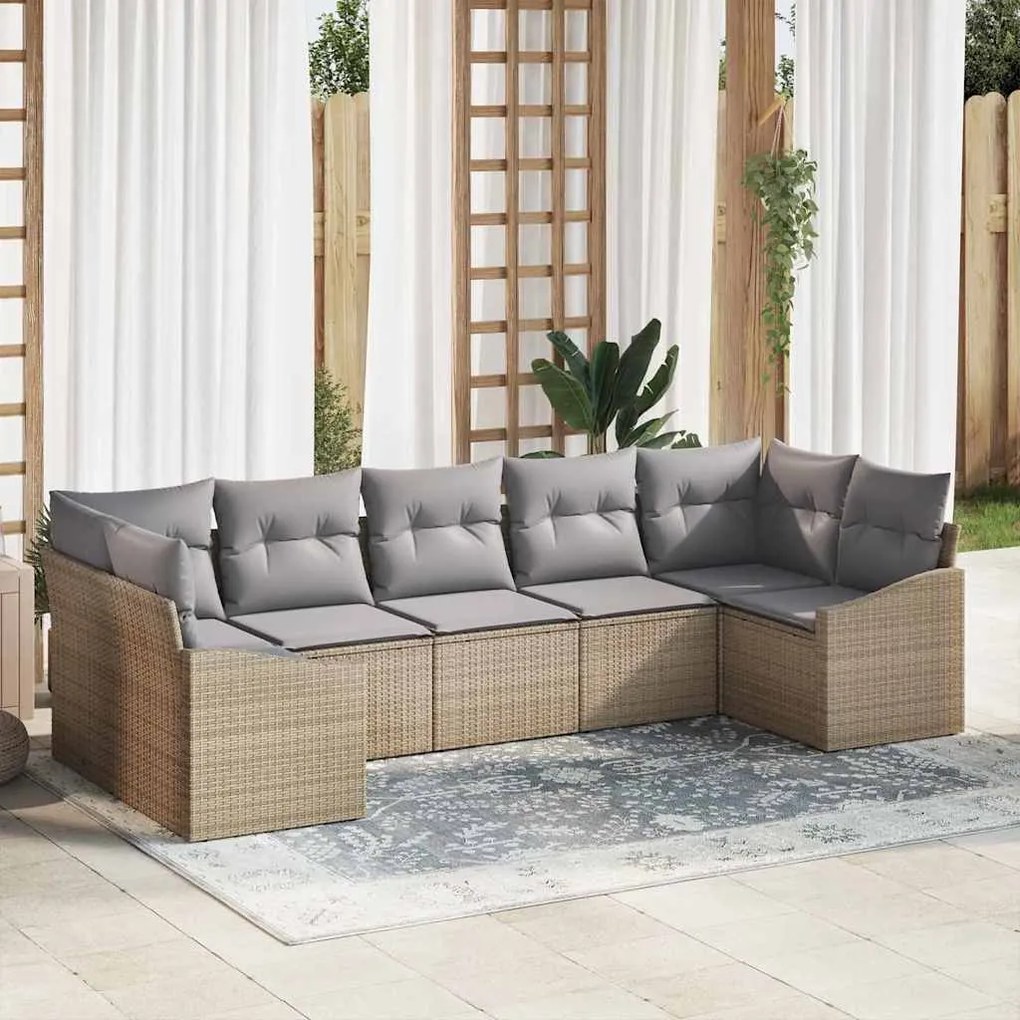 vidaXL Conjunto de Jantar de Jardim com 7 Peças e Almofadas de Rattan Sintético Bege