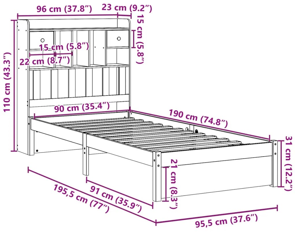 Cama com estante sem colchão 90x190 cm pinho maciço