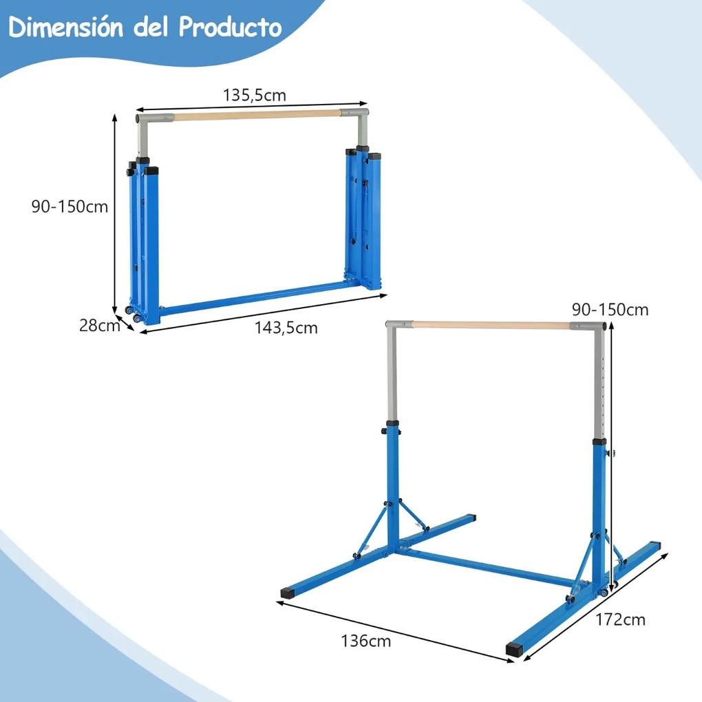 Barra de ginástica infantil dobrável com 13 alturas ajustáveis Estrutura triangular para ginásio em casa Carga 100 kg Azul