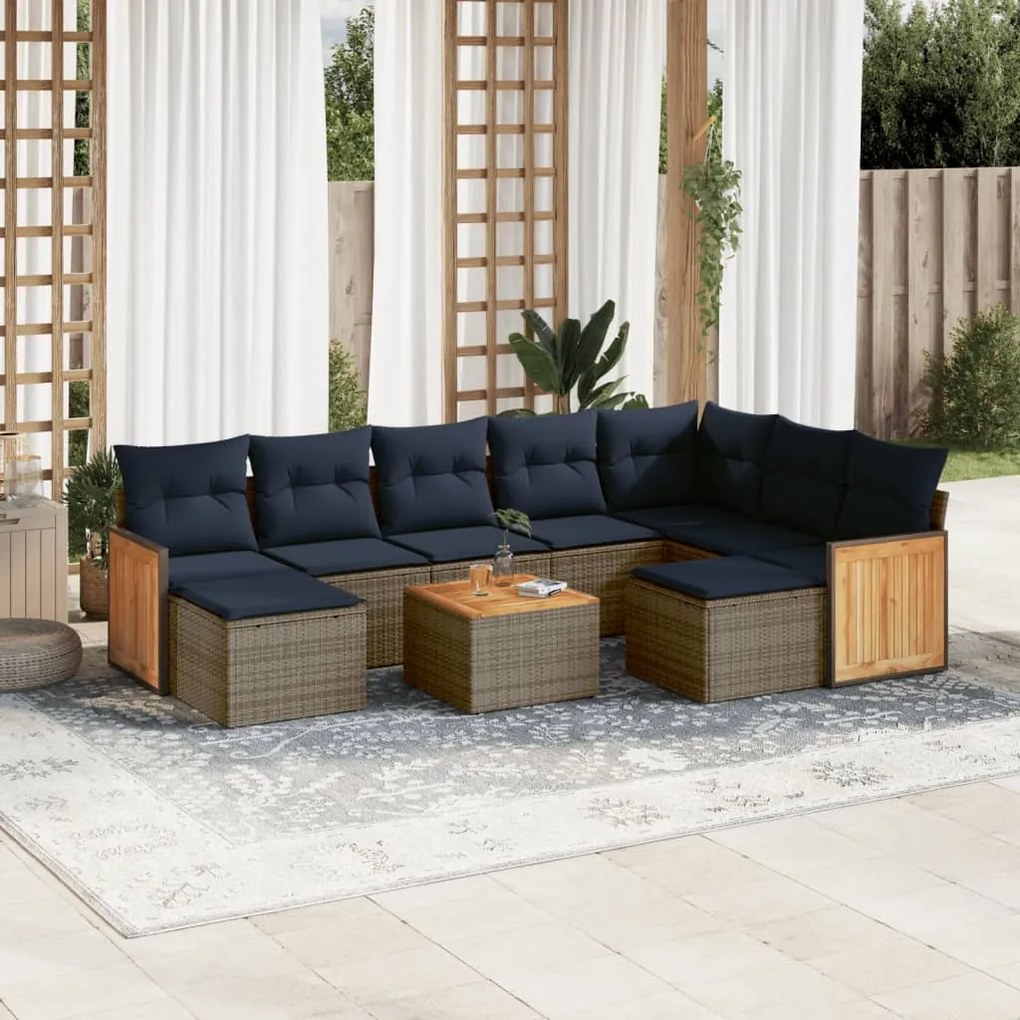 vidaXL 10 pcs conjunto sofás p/ jardim c/ almofadões vime PE cinzento
