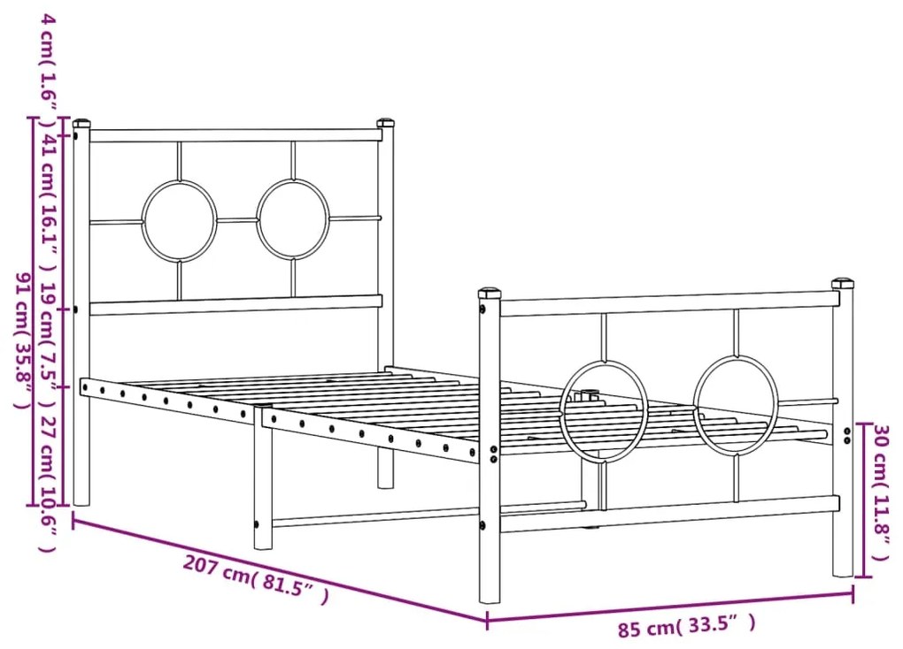 Estrutura de cama com cabeceira e pés 80x200 cm metal preto