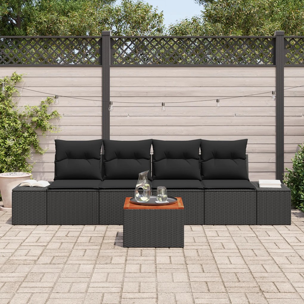 Conjunto de Sofá de Jardim de 5 Peças com Almofadas Preto Rattan Sinté
