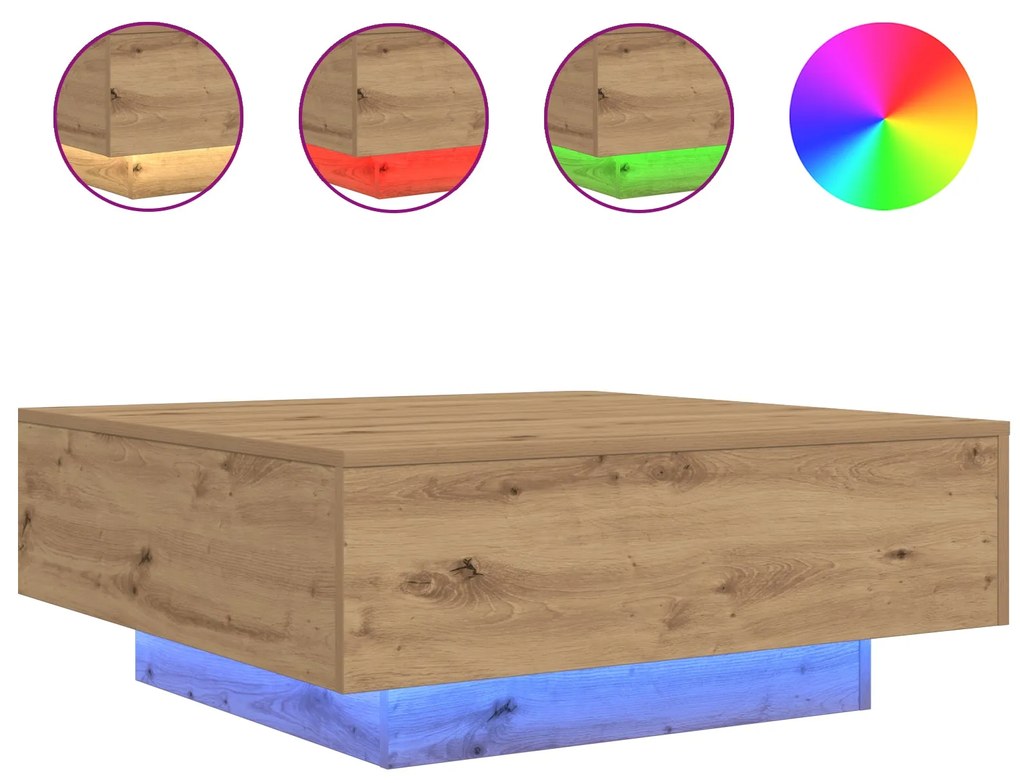 Mesa de Centro vidaXL com Luzes de LED Carvalho Artesanal 80x80x31 cm