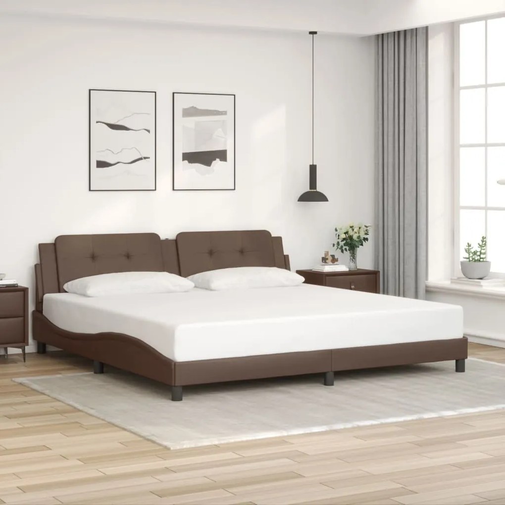Estrutura cama c/ luz LED 200x200 cm couro artificial castanho