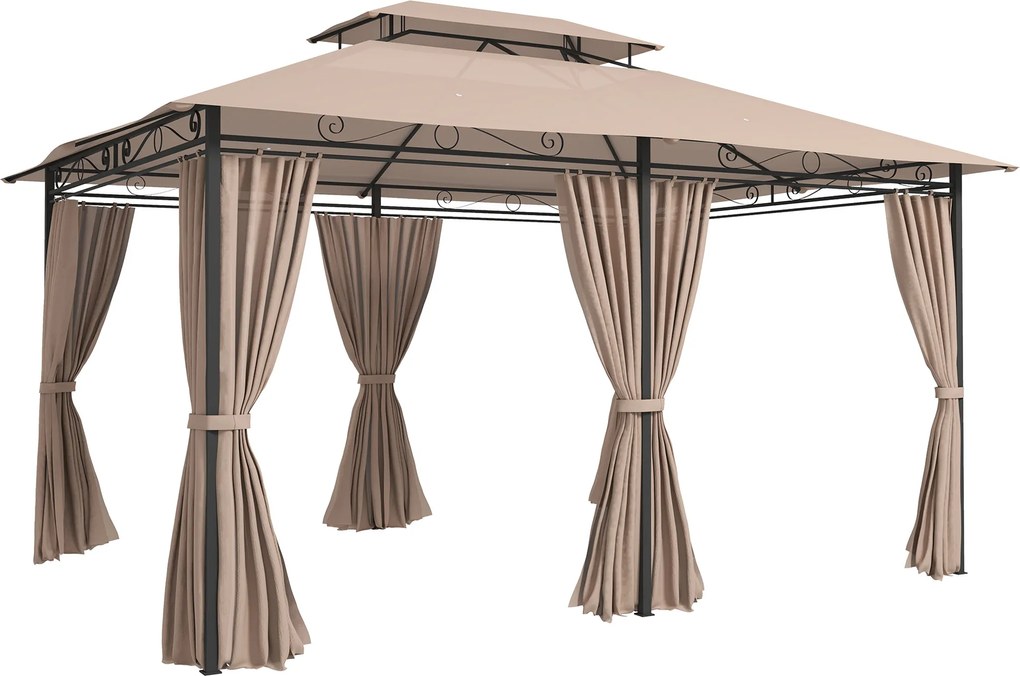 Outsunny Pérgola para Jardim 3x4 m Pérgola de Exterior com Telhado Duplo 6 Paredes Laterais Estrutura Metálica Cáqui | Aosom Portugal