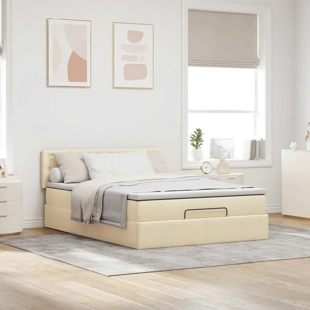 Cama Otomana com Colchão &amp; LEDs Creme 140x200 cm Tecido