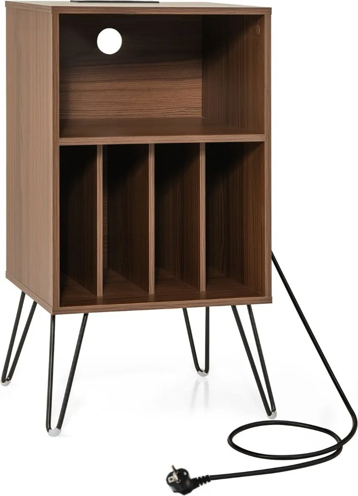 Estante para discos vinil de 3 níveis com estação de carregamento Estante 4 divisórias 48 x 40 x 88 cm cor nogueira