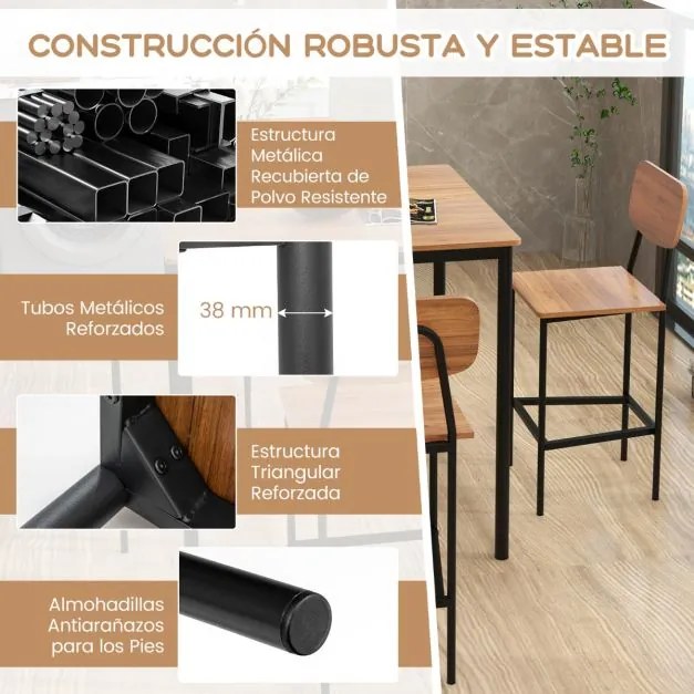 Conjunto de mesa de jantar alta e 4 cadeiras altas de 5 peças com estrutura em aço para casa ou restaurante Castanho escuro