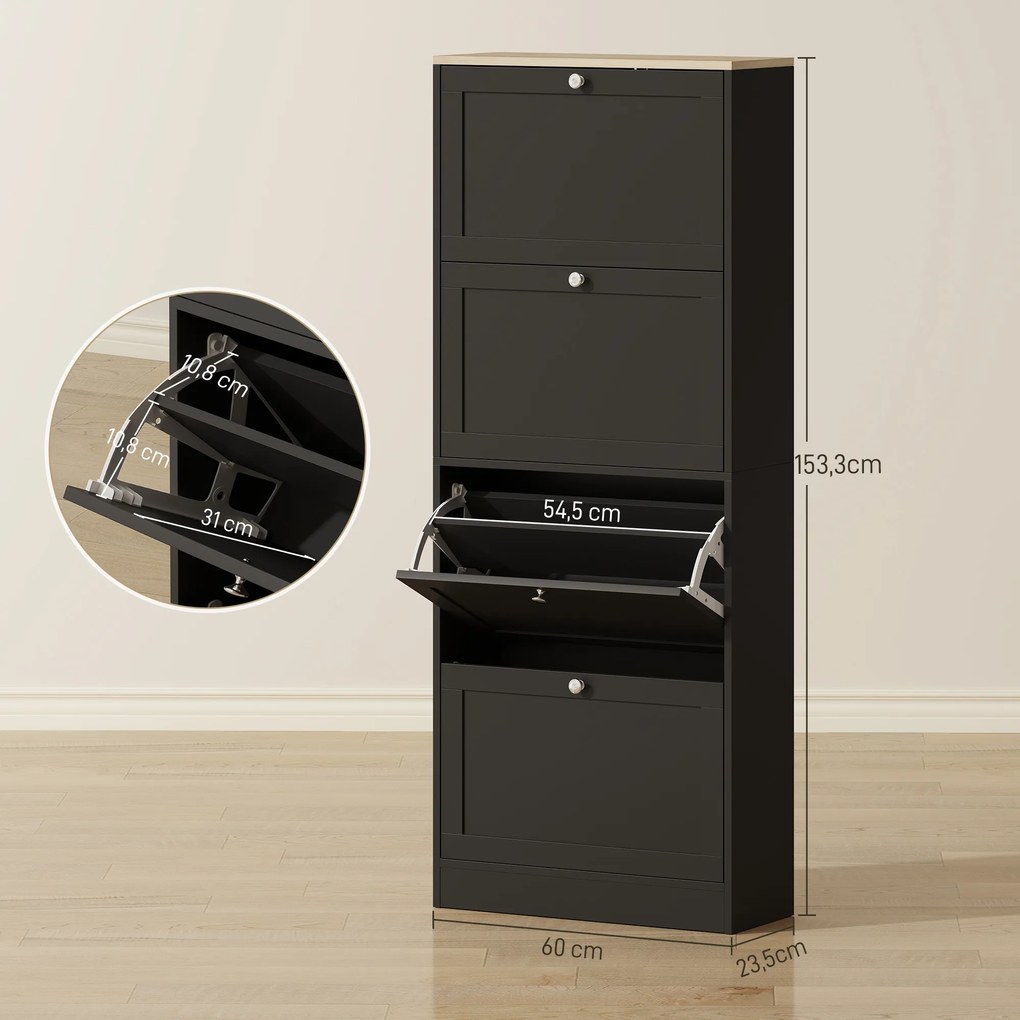 Sapateira com capacidade para 24 pares 60 x 23,5 x 153 cm, com 4 gavetas rebatíveis e prateleiras ajustáveis, preto