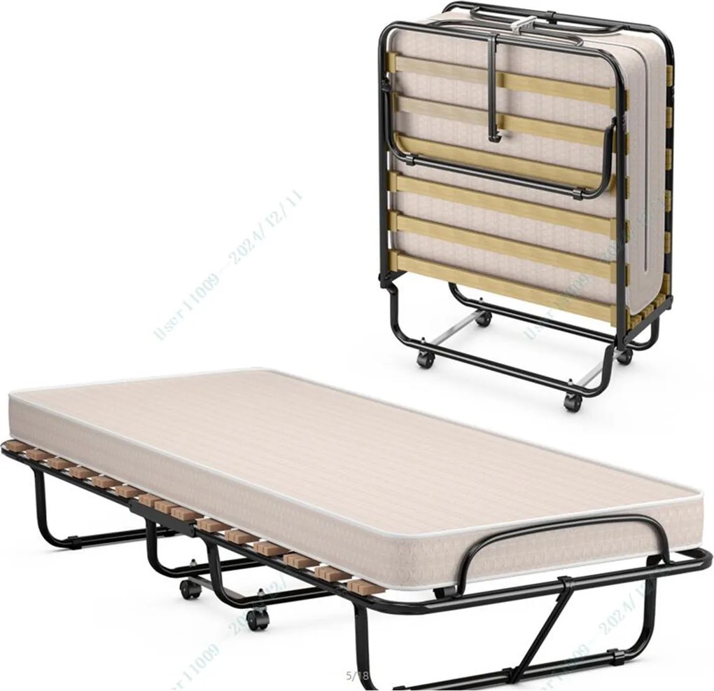 Cama dobrável com colchão Cama de hóspedes portátil com rodas em espuma de memória Estrutura de aço 190 x 80 x 33 cm Bege