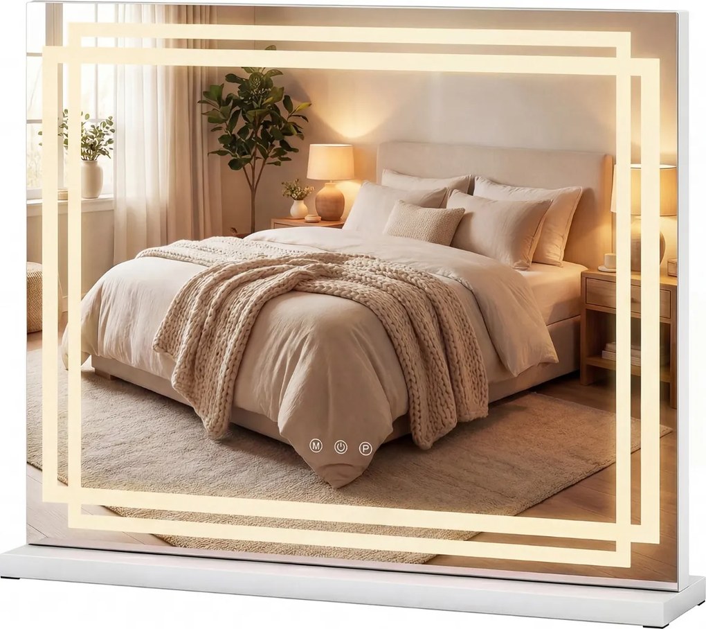 Espelho de maquilhagem com luz, 58 x 46 cm com 3 modos de iluminação regulável e controlo tátil inteligente Branco