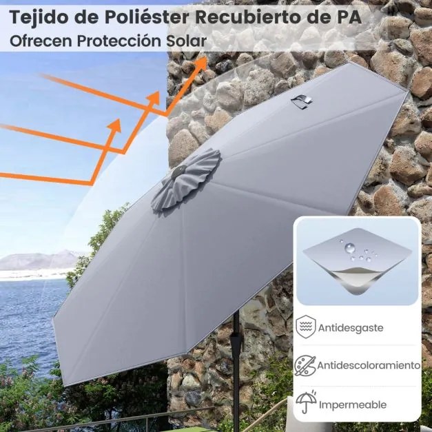 Guarda-sol jardim de 270 cm com 8 varas robustas, toldo ventilado resistente com inclinação por botão Cinzento