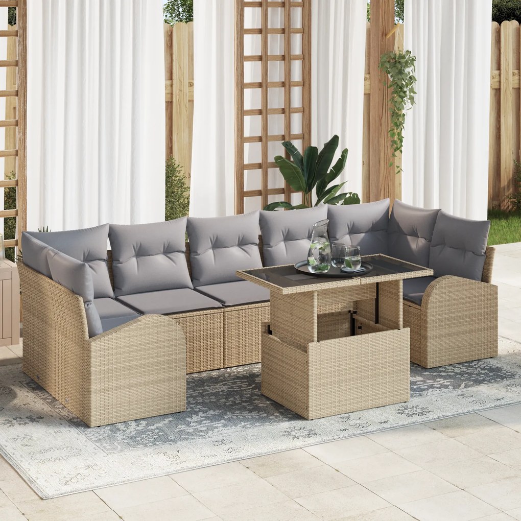 Conjunto de Sofá de Jardim vidaXL 8 Peças com Almofadas Bege Rattan Po