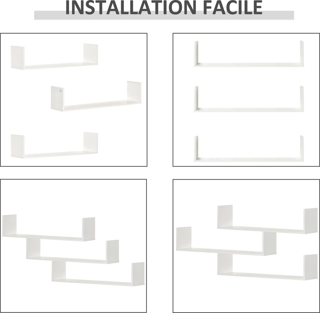 Conjunto de 3 prateleiras de parede suspensas - 80 x 18 x 18 cm - kit completo de fixação incluído - MDF com acabamento em madeira branca