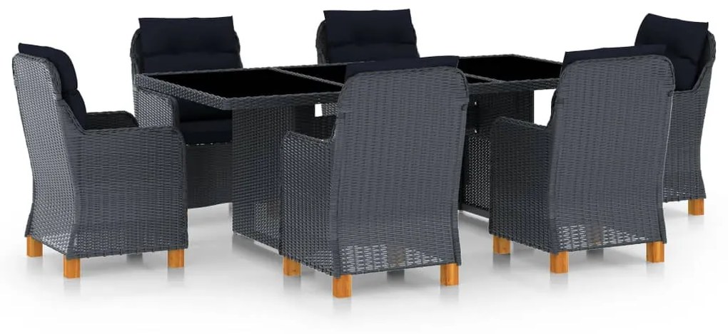 vidaXL 7 pcs conj. jantar exterior c/ almofadões vime PE cinza-escuro